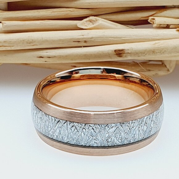 Meteorite Inlay Rose Gold Tungsten Band, GALTUN625 - Picture 5 of 5